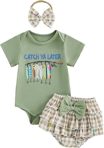 Newborn Baby Girl Fishing Outfit Fish Onesie Short Sleeve Romper Ruffle Plaid Shorts Set 3Pcs Infant Summer Clothes in Kuwait