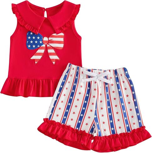 Baby Girl 4th of July Outfit Bow Embroidery Top Ruffle Sleeveless Shirt Shorts Set Toddler Fourth of July Outfits in Kuwait