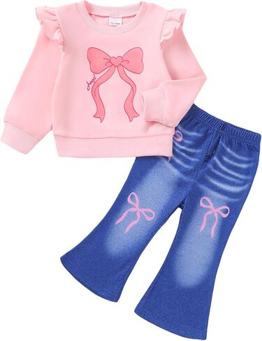 Mioglrie Toddler Baby Girl Clothes 12 18 24 Months 2T 3T 4T 5T Fall Winter Outfits Long Sleeve Top Flare Jeans Pant Set in Kuwait