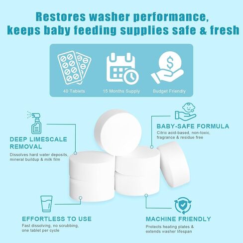 Descaling Tablets for Baby Bottle Washer, 40 Count | Remove Limescale & Mineral Buildup, Compatible with Momcozy Grownsy Baby Brezza Baby Bottle Washer in Kuwait
