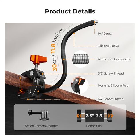 K&F CONCEPT Flexible Clamp Mount Kit, Action Camera Gooseneck Mount | 1/4" & 3/8" Screws for Flat & Round Surfaces, Compatible with Smartphone, Action Camera, Light and Webcam, MS50 in Kuwait
