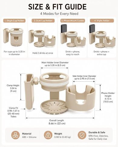 3-in-1 Stroller Cup Holder with Phone Holder, Dual Cup Holder with Upgraded Double Clamp, Universal Cup Holder for Stroller, Walker, Wheelchair & Bike, Anti-Spill Stable Drink Organizer (Khaki) in Kuwait