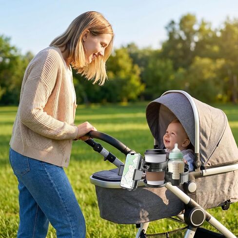 3-in-1 Universal Stroller Cup Holder, 360° Rotatable Phone Holder with Adjustable Single/Double Cup, Fits Most Baby Strollers, Bicycles,Wheelchairs, Shopping Carts, Safe and Stable, Black in Kuwait