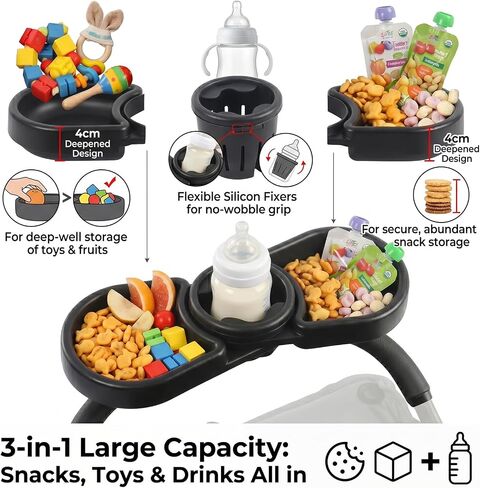 Universal Stroller Snack Tray Attachment | 3-in-1 Stroller Snack Tray with Deep Cup Holder | Compatible with Baby Jogger City Mini GT2 | BPA-Free Toddler Travel Accessories, Tool-Free Install in Kuwait