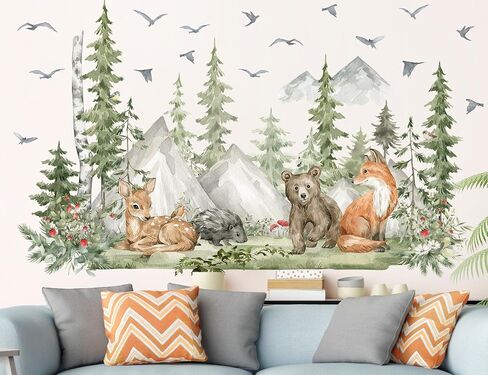Large Jungle Animals Wall Decals Forest Tree Wall Decal Peel and Stick Woodland Bear Fox Deer Wall Stickers Giant Mountain Art for Bedroom Nursery Room FX-C432 in Kuwait
