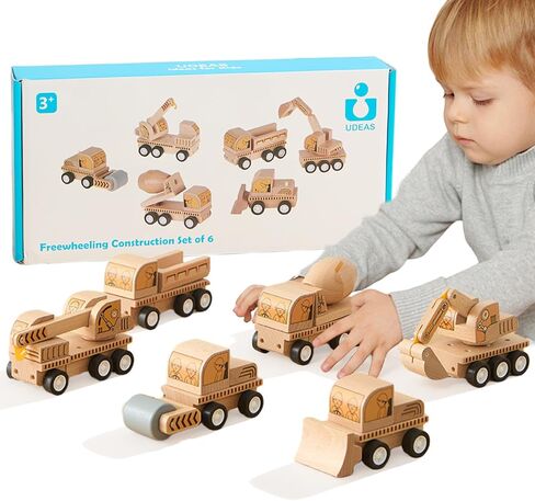 6-Piece Wooden Construction Vehicle Toys Set with Bulldozer, Excavator, Crane, Dump Truck – Montessori Toddler Toys Ages 2-4, All-Natural Safe Push & Go Gift for Boys & Girls in Kuwait