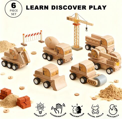 6-Piece Wooden Construction Vehicle Toys Set with Bulldozer, Excavator, Crane, Dump Truck – Montessori Toddler Toys Ages 2-4, All-Natural Safe Push & Go Gift for Boys & Girls in Kuwait