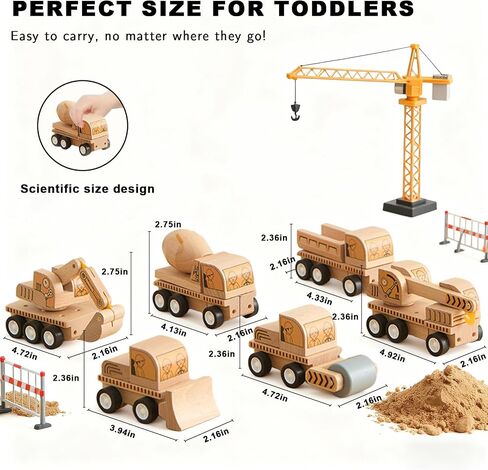 6-Piece Wooden Construction Vehicle Toys Set with Bulldozer, Excavator, Crane, Dump Truck – Montessori Toddler Toys Ages 2-4, All-Natural Safe Push & Go Gift for Boys & Girls in Kuwait