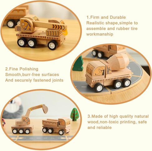 6-Piece Wooden Construction Vehicle Toys Set with Bulldozer, Excavator, Crane, Dump Truck – Montessori Toddler Toys Ages 2-4, All-Natural Safe Push & Go Gift for Boys & Girls in Kuwait