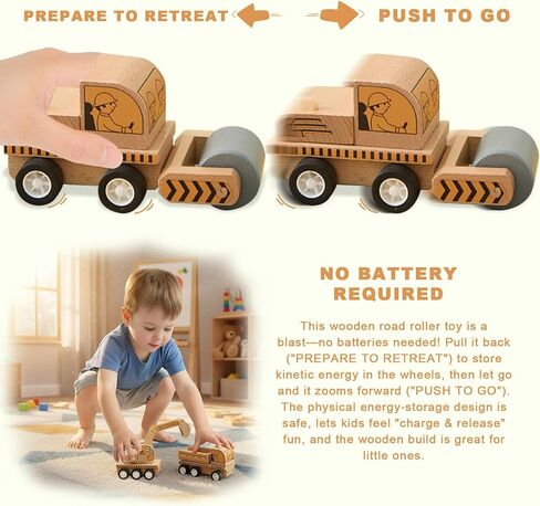 6-Piece Wooden Construction Vehicle Toys Set with Bulldozer, Excavator, Crane, Dump Truck – Montessori Toddler Toys Ages 2-4, All-Natural Safe Push & Go Gift for Boys & Girls in Kuwait
