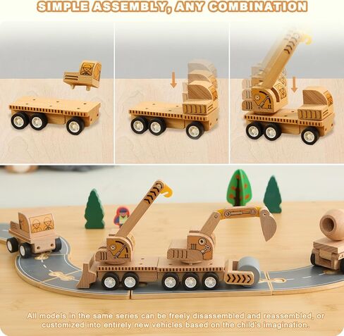 6-Piece Wooden Construction Vehicle Toys Set with Bulldozer, Excavator, Crane, Dump Truck – Montessori Toddler Toys Ages 2-4, All-Natural Safe Push & Go Gift for Boys & Girls in Kuwait