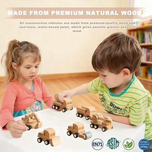 6-Piece Wooden Construction Vehicle Toys Set with Bulldozer, Excavator, Crane, Dump Truck – Montessori Toddler Toys Ages 2-4, All-Natural Safe Push & Go Gift for Boys & Girls in Kuwait