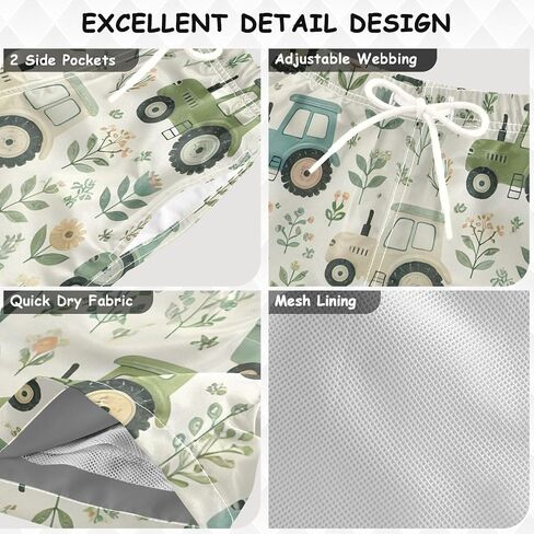 ODAWA Cute Cartoon Tractors Flowers Little Boys Breathable Board Shorts with Drawstring Preschool Boys Beach Bottoms in Kuwait