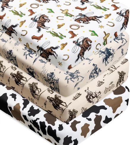 4 Pack Western Cowboy Crib Baby Sheets Western Neutral Breathable Fitted Baby Sheet Cowboy Nursery Sheets for Baby Boys or Girls (Crib Sheet) in Kuwait