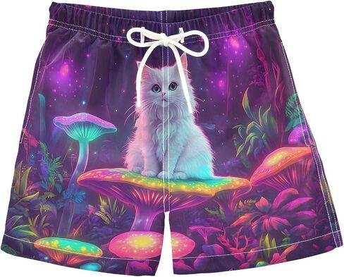Boys' Board Shorts Cute Cat Mushroom Neon Beach Board Shorts Elastic Waistband Beach Swim Trunk in Kuwait