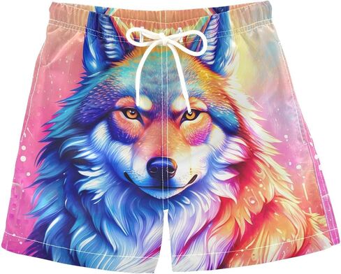 Colorful Wolf Little Kids Elastic Waistband Board Shorts with Mesh Lining Boy Swimming Trunks in Kuwait