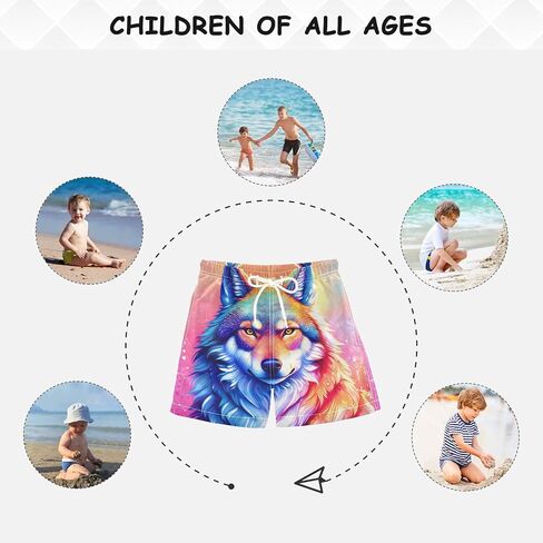 Colorful Wolf Little Kids Elastic Waistband Board Shorts with Mesh Lining Boy Swimming Trunks in Kuwait