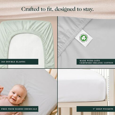 100% Organic Jersey Cotton Crib Sheets (3-Pack) 28" x 52" Standard Size | GOTS Certified Soft & Breathable Crib Sheets for Boys and Girls, 9" Deep Pocket & Full Elastic Snug Fit in Kuwait
