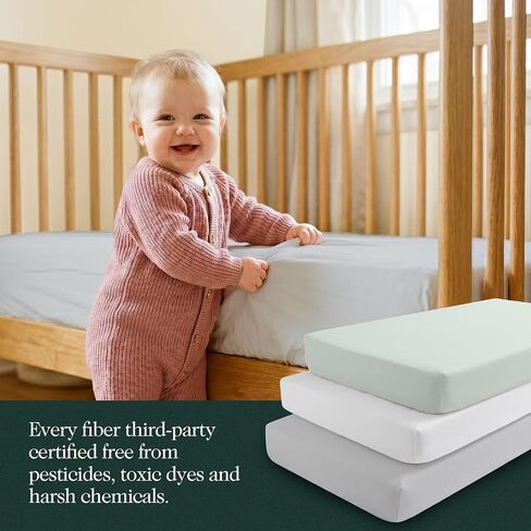 100% Organic Jersey Cotton Crib Sheets (3-Pack) 28" x 52" Standard Size | GOTS Certified Soft & Breathable Crib Sheets for Boys and Girls, 9" Deep Pocket & Full Elastic Snug Fit in Kuwait
