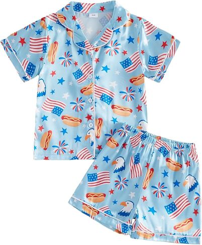 Babieshouse Little Girl 4th of July Pajamas Set Bow American Flag Print Short Sleeve Button Down Satin Tops Shorts Sleepwear in Kuwait