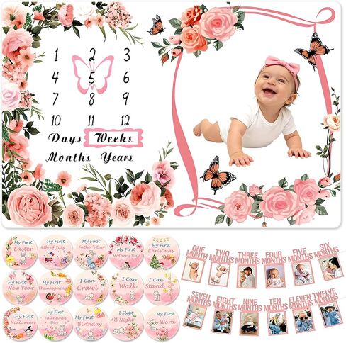 Baby Monthly Milestone Blanket 60"x40", 1-12 Months Growth Chart with 12 Photo Banners & 16 Milestone Cards, Monthly Photo Prop for Baby Girl, Baby Keepsake Newborn Gift in Kuwait