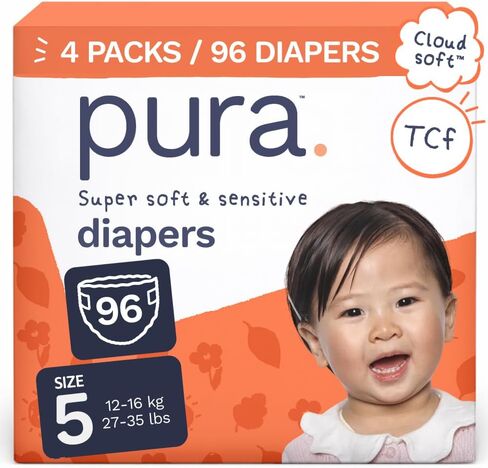 Pura Baby Diapers Size 3 (16-28 lbs) 128 Count Sensitive Skin | 12 Hour Leak Protection, New Blowout Blocker, Cloud Soft, Totally Chlorine Free*, Allergy UK Certified in Kuwait