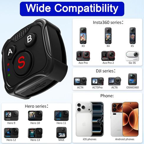 Bluetooth Remote Control for GoPro Hero 13/12/11/10/9/MAX, Insta360 X5/X4/X3/Ace Pro/Ace Pro 2/Go 3S, DJI Osmo 360/Act 6/Act 5 Pro/Act 4, & Smartphones – Waterproof Wireless Camera Remote in Kuwait