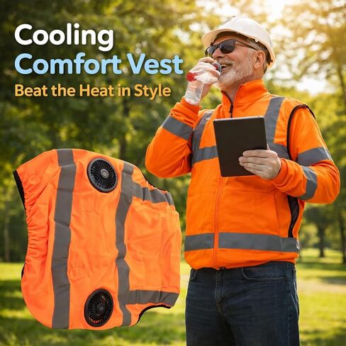 Cooling Vest with Two Removable Fans, Air Conditioned Work Waistcoat, 5V Rechargeable, Reflective Stripes, Lightweight Breathable - Heat Management, Protection, Safe for (XXXL) in Kuwait