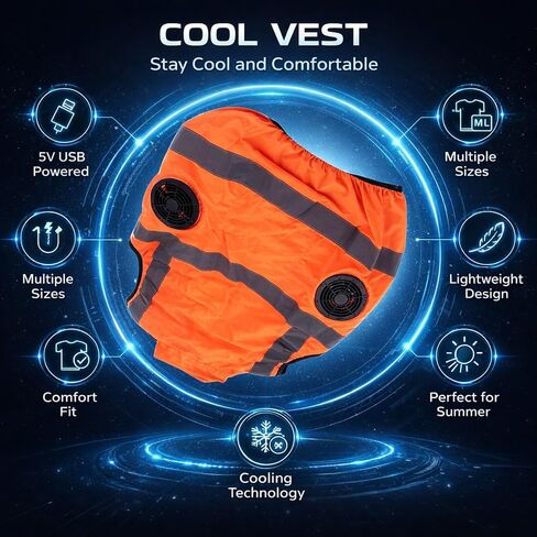Cooling Vest with Two Removable Fans, Air Conditioned Work Waistcoat, 5V Rechargeable, Reflective Stripes, Lightweight Breathable - Heat Management, Protection, Safe for (XXXL) in Kuwait