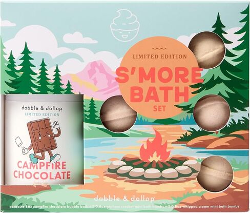 Dabble & Dollop S’Mores Bath Set - Kids Bath Bombs Gift Set with Tear-Free Chocolate 3-in-1 Shampoo, Body Wash & Bubble Bath + Marshmallow & Graham Bath Bombs – Gentle for Sensitive Skin (5-Piece) in Kuwait