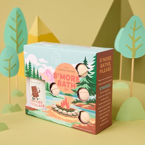 Dabble & Dollop S’Mores Bath Set - Kids Bath Bombs Gift Set with Tear-Free Chocolate 3-in-1 Shampoo, Body Wash & Bubble Bath + Marshmallow & Graham Bath Bombs – Gentle for Sensitive Skin (5-Piece) in Kuwait