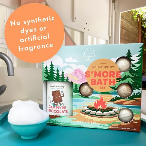 Dabble & Dollop S’Mores Bath Set - Kids Bath Bombs Gift Set with Tear-Free Chocolate 3-in-1 Shampoo, Body Wash & Bubble Bath + Marshmallow & Graham Bath Bombs – Gentle for Sensitive Skin (5-Piece) in Kuwait