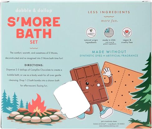 Dabble & Dollop S’Mores Bath Set - Kids Bath Bombs Gift Set with Tear-Free Chocolate 3-in-1 Shampoo, Body Wash & Bubble Bath + Marshmallow & Graham Bath Bombs – Gentle for Sensitive Skin (5-Piece) in Kuwait
