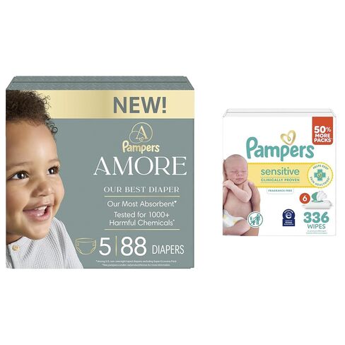 Pampers Amore Diapers Size 0, 128 Count, with Pampers Sensitive Water Based Baby Wipes 4X Flip-Top Packs (336 Count) [Packaging May Vary] in Kuwait