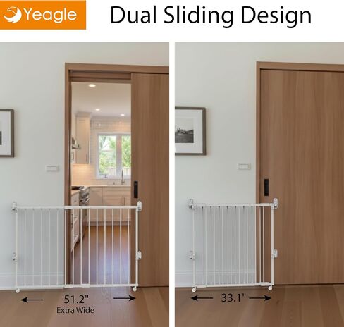 Yeagle Extendable Rolling Guard, Adjustable Dog Gate 33-51" for Stairs Doorways Hallways, No Bottom Rail, White Metal Pet Barrier with Wheels, One-Hand Operation, Dual-Side Opening in Kuwait