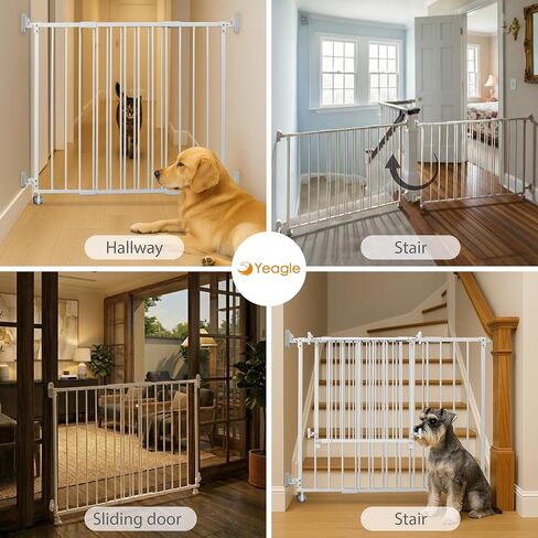 Yeagle Extendable Rolling Guard, Adjustable Dog Gate 33-51" for Stairs Doorways Hallways, No Bottom Rail, White Metal Pet Barrier with Wheels, One-Hand Operation, Dual-Side Opening in Kuwait