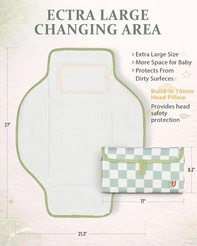 PZU Portable Diaper Changing Pad - Waterproof Travel Changing Mat with Built-in Pillow, Gifts for Baby Shower, Newborn Girls & Boys（Sage Checkers） in Kuwait