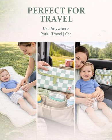 PZU Portable Diaper Changing Pad - Waterproof Travel Changing Mat with Built-in Pillow, Gifts for Baby Shower, Newborn Girls & Boys（Sage Checkers） in Kuwait