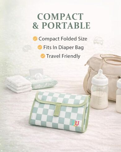 PZU Portable Diaper Changing Pad - Waterproof Travel Changing Mat with Built-in Pillow, Gifts for Baby Shower, Newborn Girls & Boys（Sage Checkers） in Kuwait