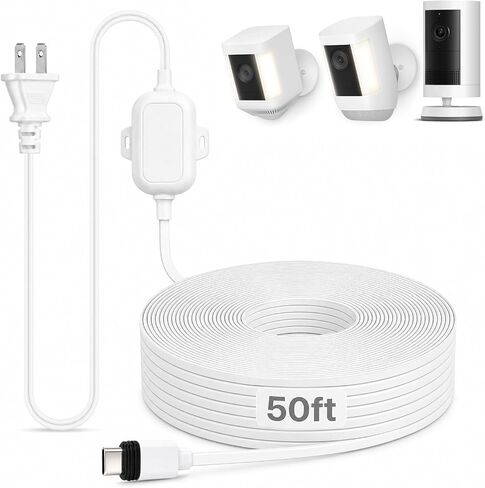 50FT Power Adapter for Ring Spotlight Cam Plus/Pro (Battery), Ring Outdoor Cam Plus (Battery) and Outdoor Cam Pro (Plug-in), 20W Long USB C Weather-Resistant Extension Cord, White in Kuwait