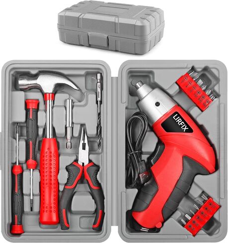 20-Piece Red 3.6V Electric & DIY Manual Tool Set - Compact Storage Box, Claw Hammer, Pliers, Screwdriver Bits, Household Hardware Tools in Kuwait