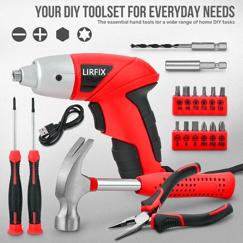 20-Piece Red 3.6V Electric & DIY Manual Tool Set - Compact Storage Box, Claw Hammer, Pliers, Screwdriver Bits, Household Hardware Tools in Kuwait