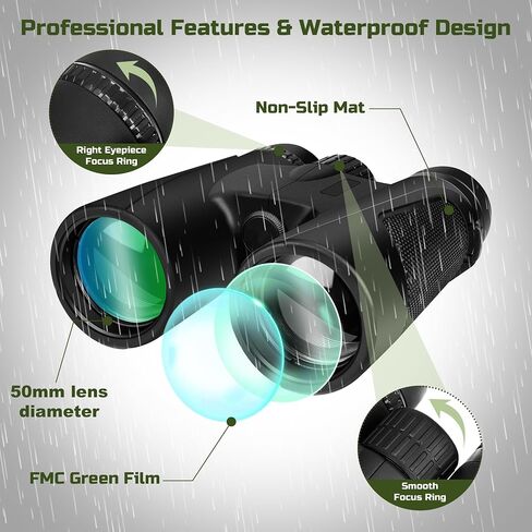 High Power 15X50 Binoculars for Adults Waterproof 50mm Big Eyepiece Fogproof Binoculars with BAK4 Prism FMC Lens for Outdoor Stargazing Hunting Traveling Wildlife Bird Watching (Black) in Kuwait