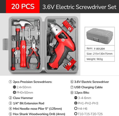 20-Piece Red 3.6V Electric & DIY Manual Tool Set - Compact Storage Box, Claw Hammer, Pliers, Screwdriver Bits, Household Hardware Tools in Kuwait