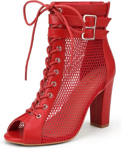 IDIFU IN4 High Heels for Women Peep Toe Mesh Heeled Sandals | Block Chunky Dance Heels, Open Toe Booties, Lace Up Zipper Summer Boots, Buckle Sexy Dance Shoes for Ballroom Prom Party in Kuwait