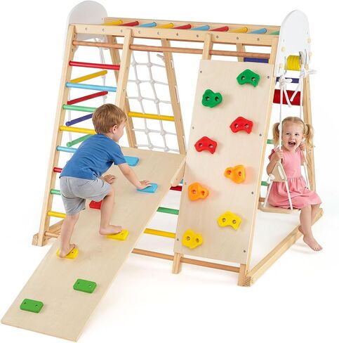 Costzon Indoor Jungle Gym ، 6-in-1 Montessori Climbing Toys للأطفال الصغار مع الشريحة ، وشبكة التسلق ، وبارات Monkey ، و Playground Climber Playst for Kids Homets. in Kuwait