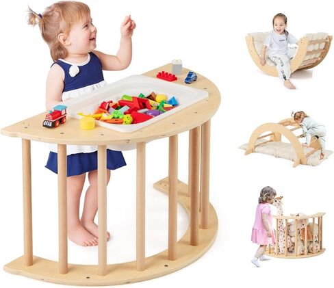Costzon Wooden Arch Sensory Table for Kids, 6-in-1 Toddler Indoor Montessori Climbing Toys with Cushion, Foldable Storage Bin, Arch Climber Ladder Learning Playset for Kids Gift Presents in Kuwait