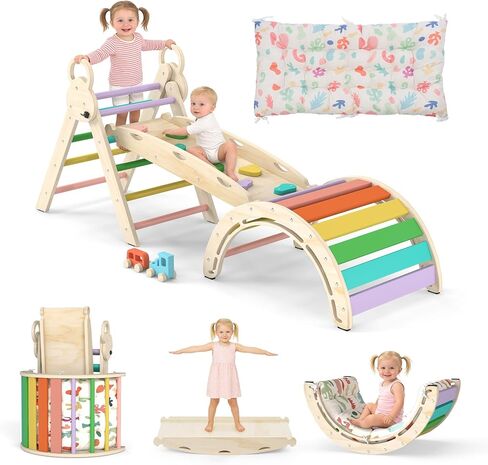 Pikler Triangle Set with Cushion, 7-in-1 Foldable Toddler Climbing Toys, Indoor Playground for Kids, Montessori Climbing Set Gift, Wooden Baby Jungle Gym, for Toddlers 1-3 (Rainbow) in Kuwait