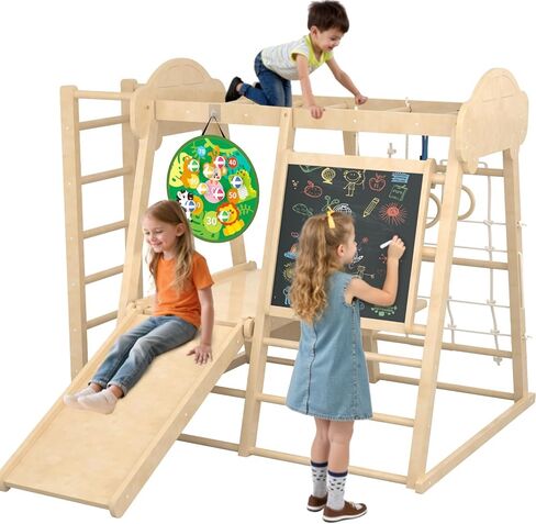 9-in-1 Indoor Jungle Gym, Montessori Indoor Playground for Toddlers,Wooden Climber Set with Swing, Slide, Monkey Bars, Climbing Neting, Upright Ladder, Climbing Ladder, Rings, Black Board, Dart Board in Kuwait
