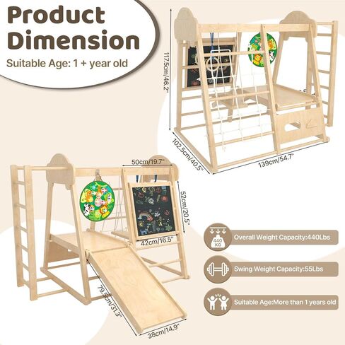 9-in-1 Indoor Jungle Gym, Montessori Indoor Playground for Toddlers,Wooden Climber Set with Swing, Slide, Monkey Bars, Climbing Neting, Upright Ladder, Climbing Ladder, Rings, Black Board, Dart Board in Kuwait
